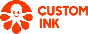 Custom Ink logo, orange with a smiling octopus design.