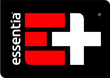 Essentia logo with red bars and white cross on black background.