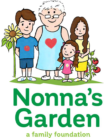 Cartoon family with a sunflower and tomatoes, labeled "Nonna's Garden."