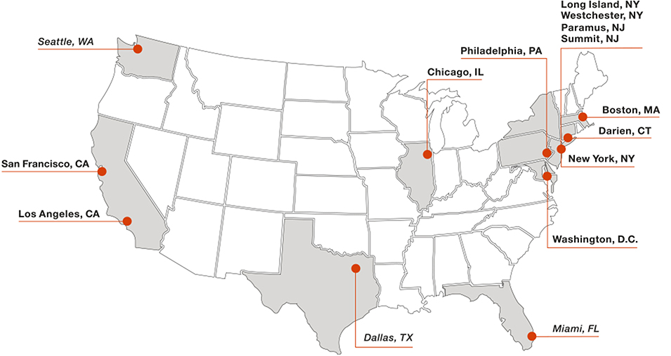 Orange dots on a gray map of the contiguous United States indicate locations where 2026 Cycle for Survival rides were held, in Seattle; San Francisco; Los Angeles; Dallas; Chicago; Miami; Philadelphia; Washington, D.C.; Darien, Connecticut; Boston; New York City; Long Island, New York; Westchester, New York; Paramus, New Jersey; and Summit, New Jersey.