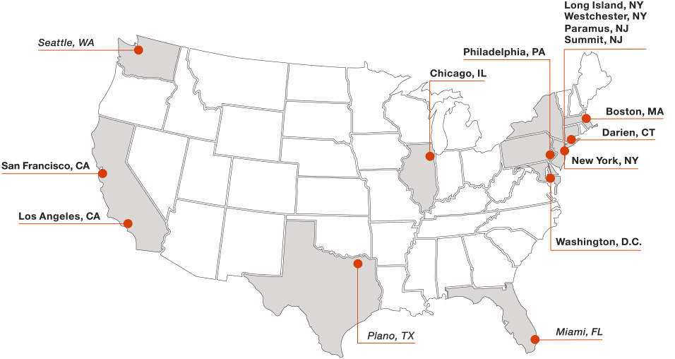 Orange dots on a gray map of the contiguous United States indicate locations where 2026 Cycle for Survival rides were held, in Seattle; San Francisco; Los Angeles; Plano; Chicago; Miami; Philadelphia; Washington, D.C.; Darien, Connecticut; Boston; New York City; Long Island, New York; Westchester, New York; Paramus, New Jersey; and Summit, New Jersey.