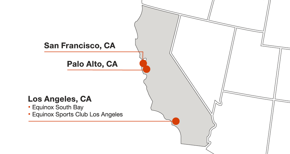A map of California with orange marks and labels indicating where Cycle for Survival rides are being held in 2025