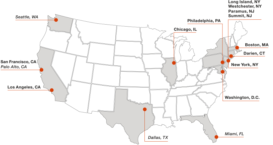 A gray map of the contiguous United States with orange marks indicating locations where Cycle for Survival rides are held. 