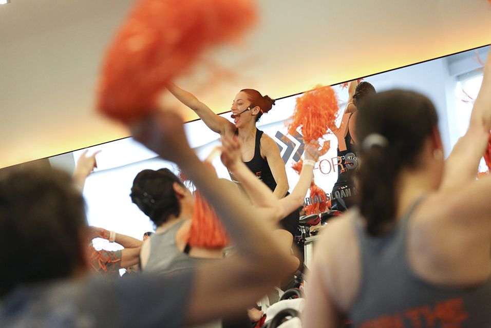 Cycling instructor leading a Cycle for Survival rare cancer fundraising ride in Paramus.  