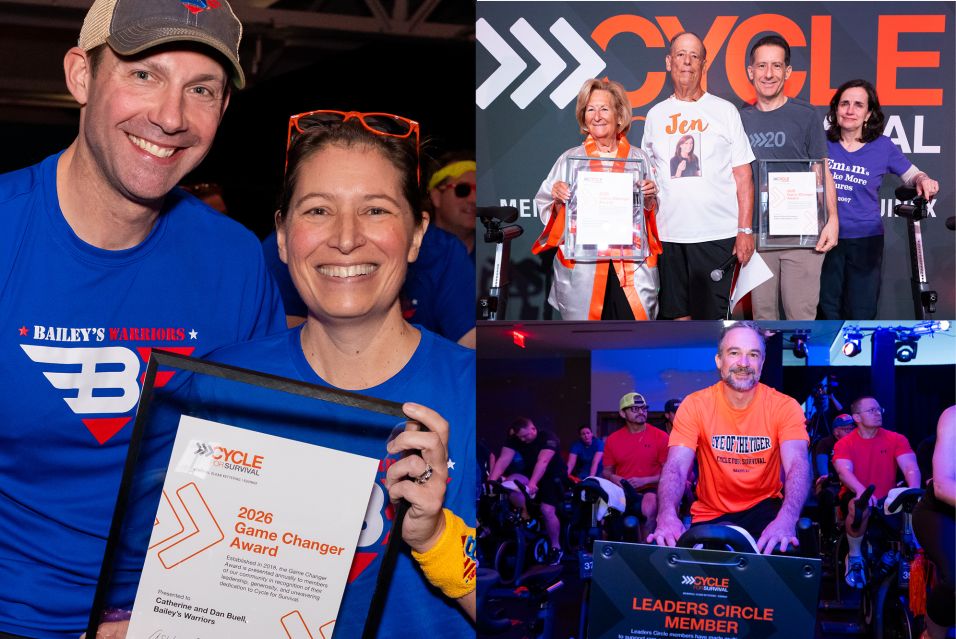 Catherine and Dan Buell hold 2026 Game Changer Award. Goodman Family members hold two awards. Jason Harinstein rides at Cycle for Survival. 