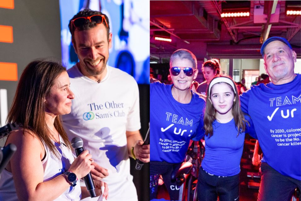 Samantha Mann speaks into a mic with Dave Mann in “The Other Sam’s Club” shirt. Liz Healy with two team members in “Team Check Your Colon” shirts. 