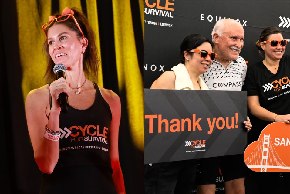 Christina Trujillo Ayoub speaks into a mic at Cycle for Survival. Jim Walberg stands with two team members holding a “thank you” sign. 