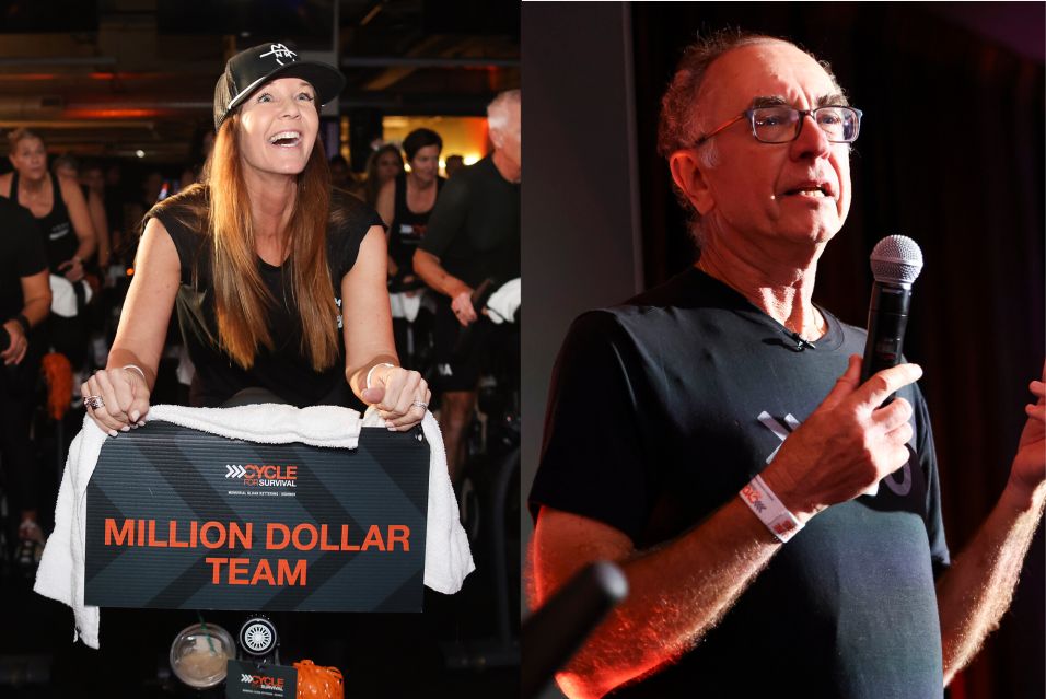 Kelli Real cycles with a “Million Dollar Team” sign. John Karaczynski speaks into a mic at Cycle for Survival. 