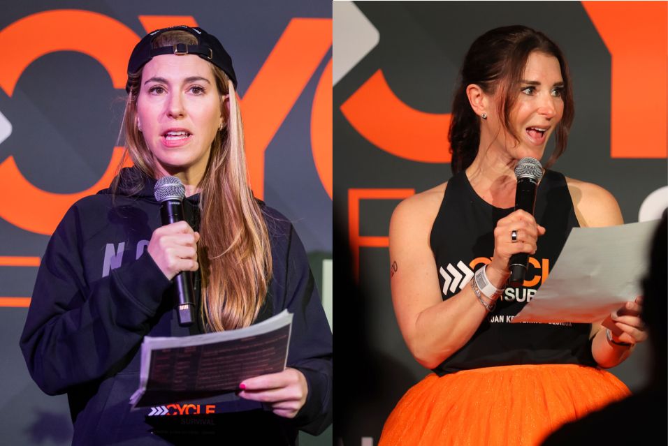 Jamie Weiss, in a backwards cap, speaks into a mic, holding papers. Rocky Ribacoff speaks into a mic with papers at Cycle for Survival. 